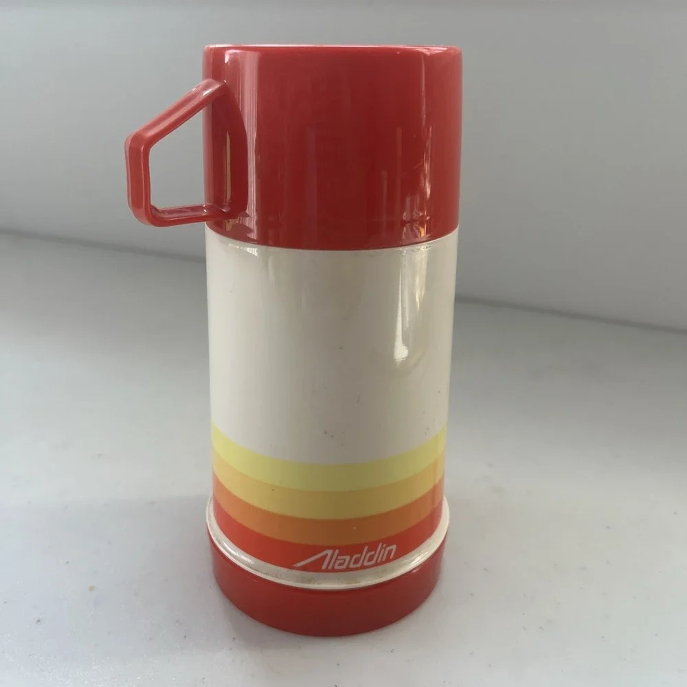 Vintage Aladdin Thermos Red Orange Yellow Complete With Stopper & Cup Half Pint